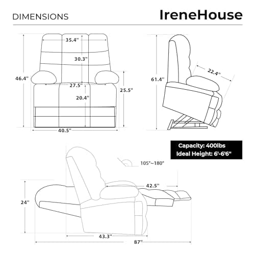 Irene House Big Tall Man Power Recliner, Extra Large Heat Massage 9205L