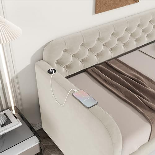 Twin Size Velvet Daybed with Trundle & USB Port - Light Beige