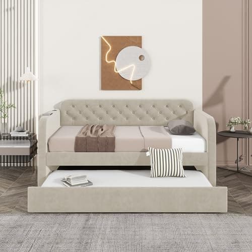 Twin Size Velvet Daybed with Trundle & USB Port - Light Beige