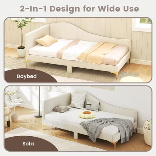 Giantex Beige Twin Size Rivet-Tufted Daybed & L-Shaped Sofa Bed