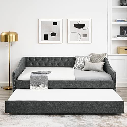 Modern Upholstered Daybed with Trundle, Button Tufted, Full Size, Grey