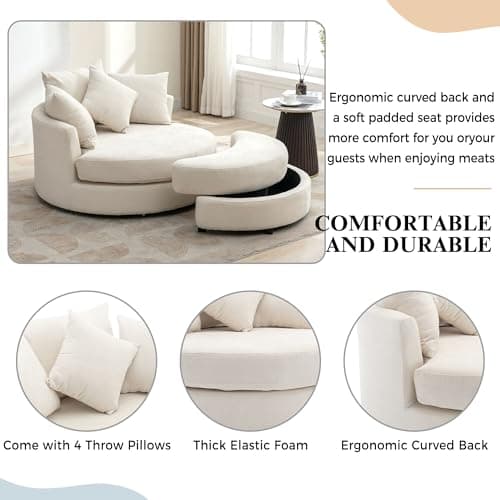 Merax 360° Swivel Barrel Chair with Half Moon Storage Ottoman, Living Room Accent Chairs, Cream
