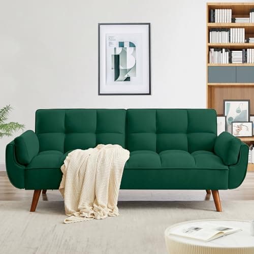 Golden Yellow Convertible Futon Sofa Bed, Linen 75" W 3 Seater with Adjustable Backrests