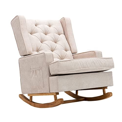 Beige Upholstered Mid Century Modern Dolonm Rocking Chair with Solid Wood Base