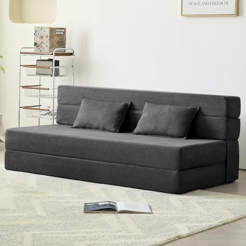 3-in-1 Foldable Sofa Bed, Dark Gray Queen Mattress, Memory Foam Cushion, Living Room Essential