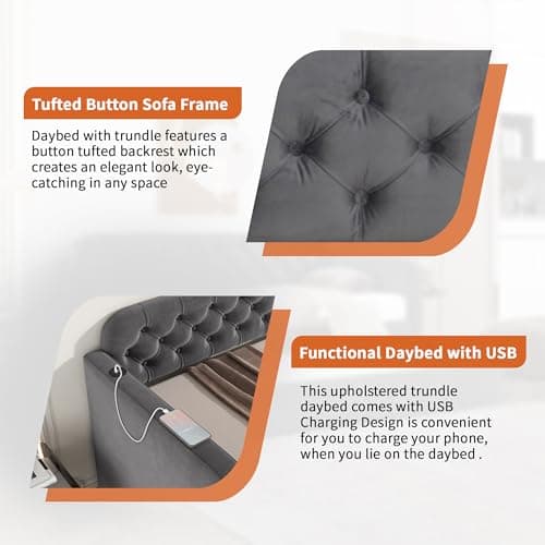 Dark Grey Button Tufted Twin Daybed with Trundle & USB Port (No Box Spring)