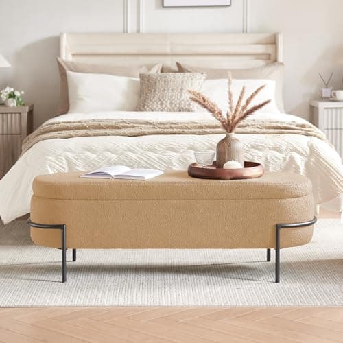 Sherpa Storage Bench, 52 Inch Oval Ottoman with White Upholstery and Metal Stand