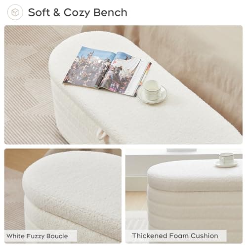 White Sherpa Padded Ottoman Bench with Storage for Living Room and Bedroom