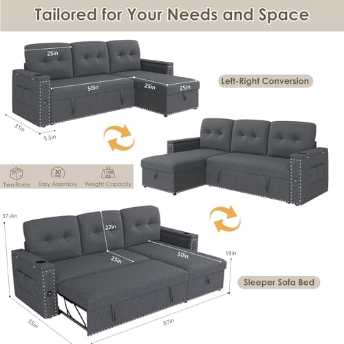 HIFIT 87" L-Shaped Sleeper Sofa Bed with LED Light, Grey