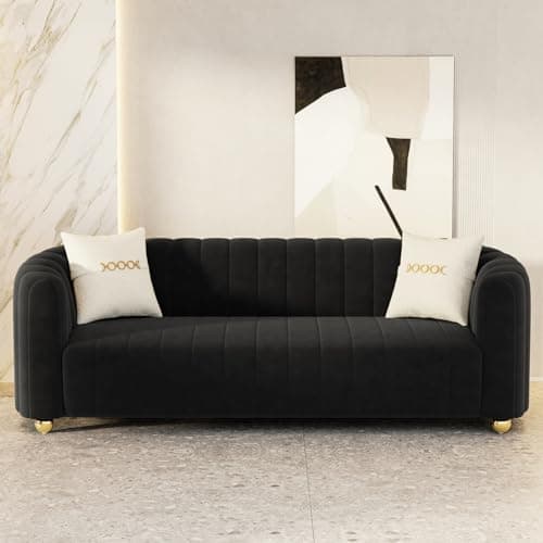 Modern 83.46" Curved Black Velvet Sofa with Gold Legs, 3-Seater for Living Room & Bedroom