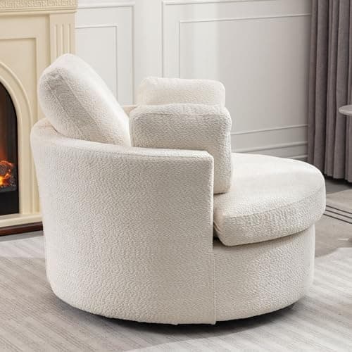 Beige Boucle Oversized Swivel Chair and Half Sofa for Living Room