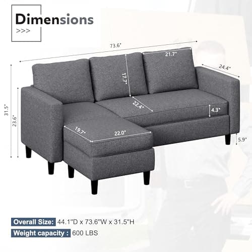 JAMFLY L-Shaped Couch for Living Room, Dark Grey Reversible Chaise