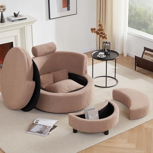 Modern Swivel Chair with Storage Ottoman for Living Room, Brown Teddy Fabric