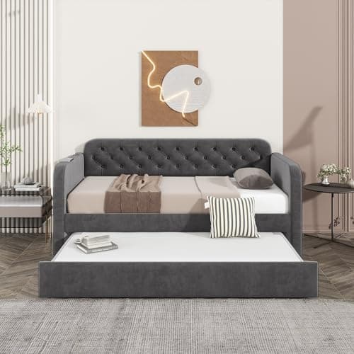 Dark Grey Button Tufted Twin Daybed with Trundle & USB Port (No Box Spring)