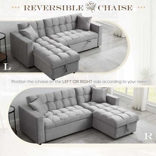 Convertible Sleeper Sofa Bed,82.6"W Velvet Tufted L Shaped Sectional Couch with Adjustable Back & Reversible Storage Chaise,Modern Futon Pull Out Couch Bed for Living Room,Apartment,Small Place(Grey)