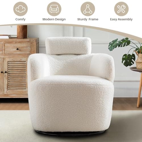 360° Swivel Boucle Chair, Tufted Ivory Headrest Living Room Chair