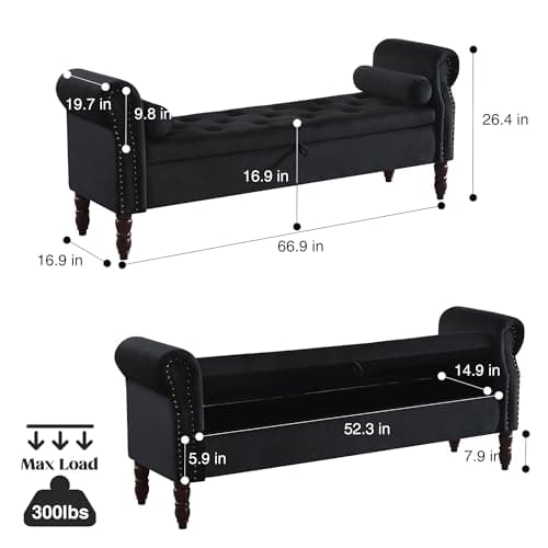 Black Velvet Tufted Storage Bench with Arms for Bed and Living Room