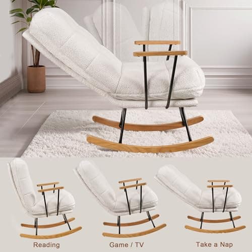 VECELO Beige Teddy Fabric Large Glider Rocking Chair
