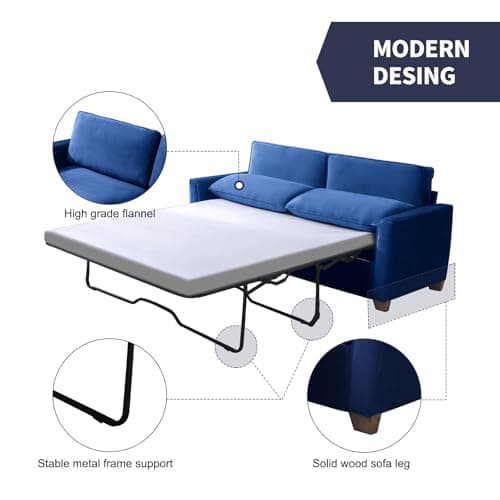 ZAFLY 77" Pull Out Sofa Bed, Memory Foam Mattress - Blue
