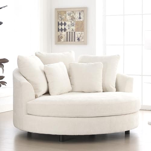 Beige Knitted Chenille Oversized Barrel Chair with Wheels & 5 Pillows
