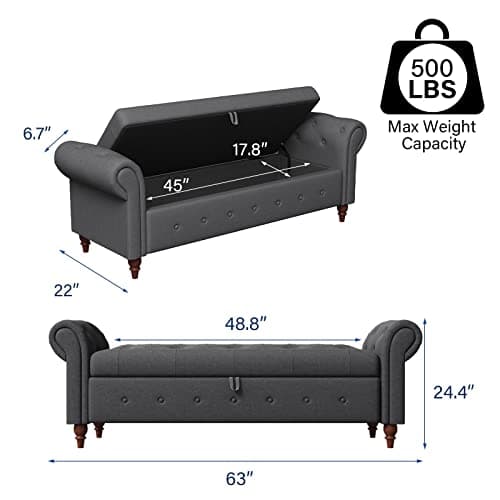 Button Tufted Storage Bench for Bedroom, Linen Fabric Upholstered Ottoman Bench (Dark Grey)