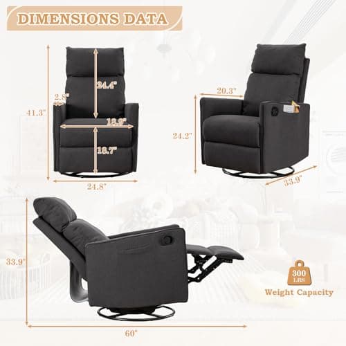 Swivel Rocker Recliner Chair for Living Room - Dark Grey