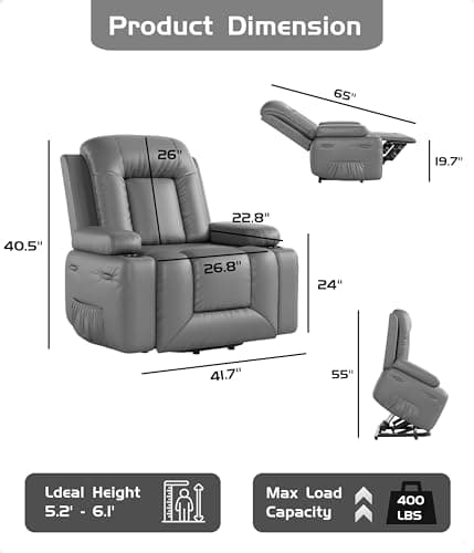 Elderly Electric Lift Recliner with Heat & Massage, Wide Seat, Faux PU Leather
