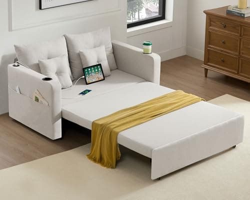 3-in-1 Pull-Out Couch, 56" Convertible Sleeper Sofa, Beige, Living Room/Bedroom Furniture