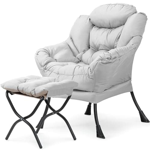Beige Modern Lounge Chair with Ottoman & Side Pocket (Living Room)