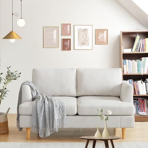Beige Mid Century Love Seat Couch for Small Spaces