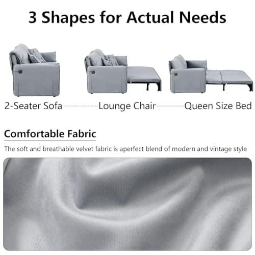 3-in-1 Queen Size Futon Sofa Bed with USB, Side Storage, Grey