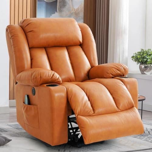 Electric Recliner Chair with Massage & Heat, Cup Holders, Remote Control, USB, Side Pockets, Leather (Beige)