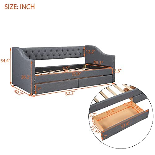 Grey Tufted Daybed with Drawers & Nailtrim Arms, Solid Wood Frame