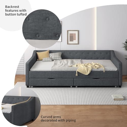 Full Size Upholstered Day Bed with Drawers & Tufted Back, Dark Grey