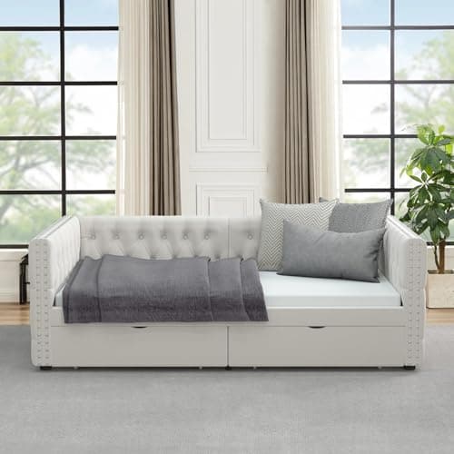 JEEOHEY Velvet Button Tufted Twin Daybed with Storage (Beige)