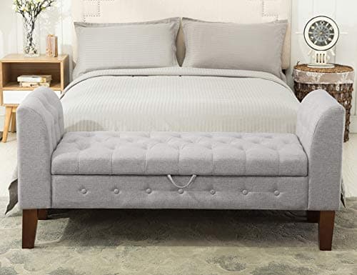 Khaki Upholstered Storage Bench with Arms for Bedroom and Living Room