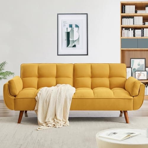 Golden Yellow Convertible Futon Sofa Bed, Linen 75" W 3 Seater with Adjustable Backrests