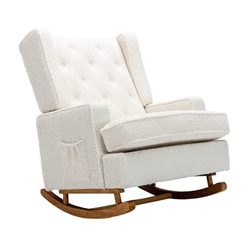 Beige Upholstered Mid Century Modern Dolonm Rocking Chair with Solid Wood Base