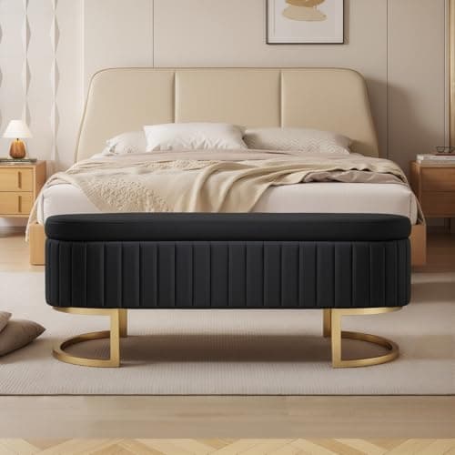 50" Velvet Ottoman Bench, Gold Legs, 300lb Seat, Ivory End Table Bench