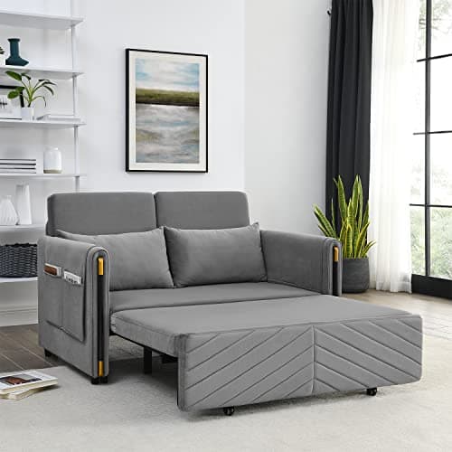 Modern Velvet Convertible Sleeper Sofa Bed with Headboard, Small Love Seat for Small Space, Grey