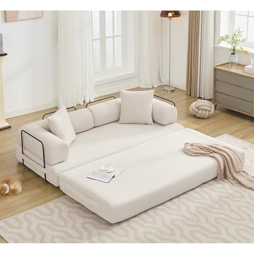 Beige Cylindrical Pillow Convertible Sleeper Sofa Bed