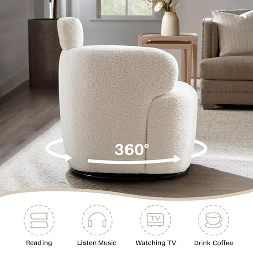360° Swivel Boucle Chair, Tufted Ivory Headrest Living Room Chair