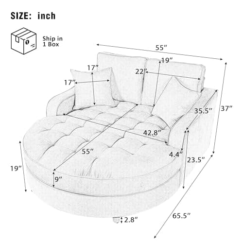 55" Oversized Indoor Chaise Lounge Sofa Bed with Tufted Seat & Detachable Pillows