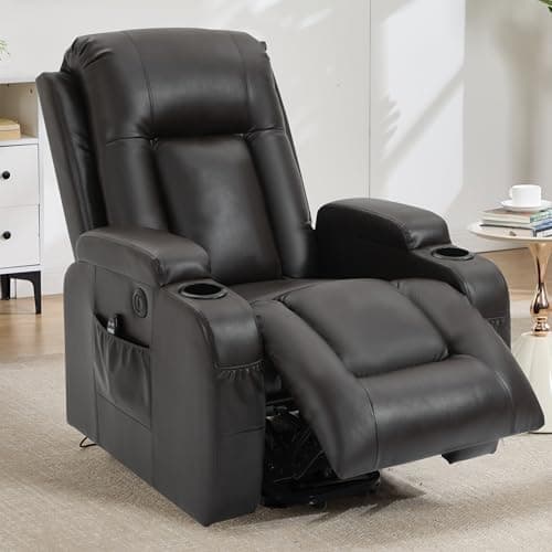 Power Lift Recliner Chair with Heat and Massage for Elderly, Electric Recliner Chairs with Standing Assistance, 2 Cup Holders, 4 Pockets, USB Charge Port, Breathable Leather Brown