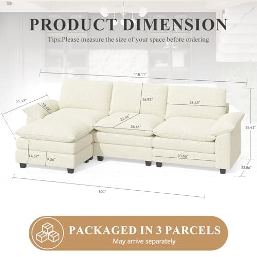 Beige L-Shaped 4-Seat Cloud Couch Sectional Sofa with Ottoman