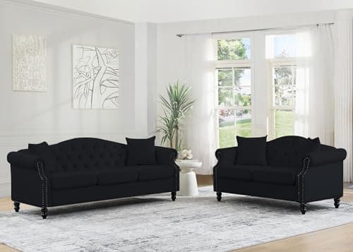 Black Velvet Tufted Chesterfield Sofa Set of 2