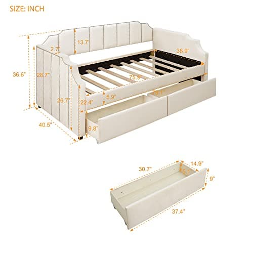 Meritline Beige Tufted Twin Daybed with Drawers & Storage