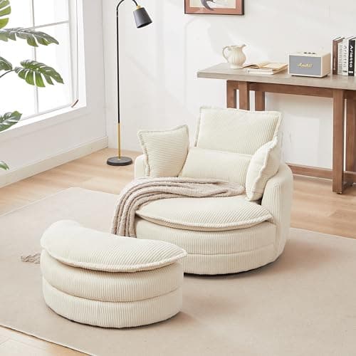 38" Oversized Swivel Chair with Moon Storage Ottoman, Modern Grey Living Room Sofa