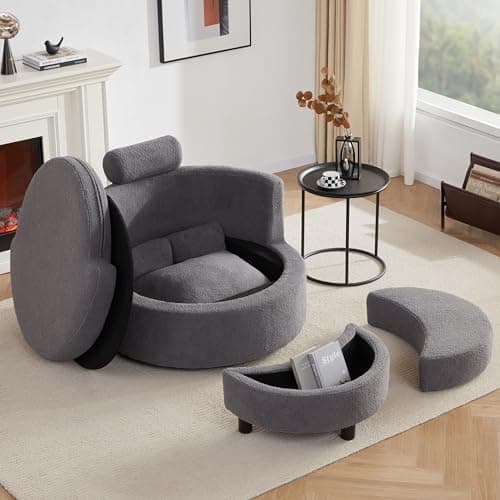 Modern Swivel Chair with Storage Ottoman for Living Room, Brown Teddy Fabric