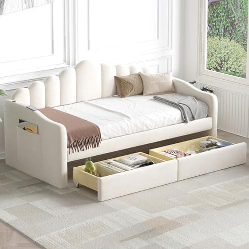 Velvet Upholstered Twin Daybed with Drawers, USB Ports, and Storage Pockets - Beige